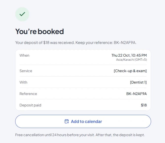 Confirmation page showing the booking reference, time, service, clinician and the $18 deposit paid