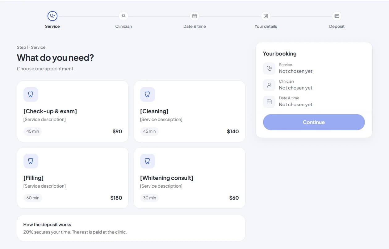 Booking step 1: four treatment cards with duration and price, and a note on how the 20% deposit works