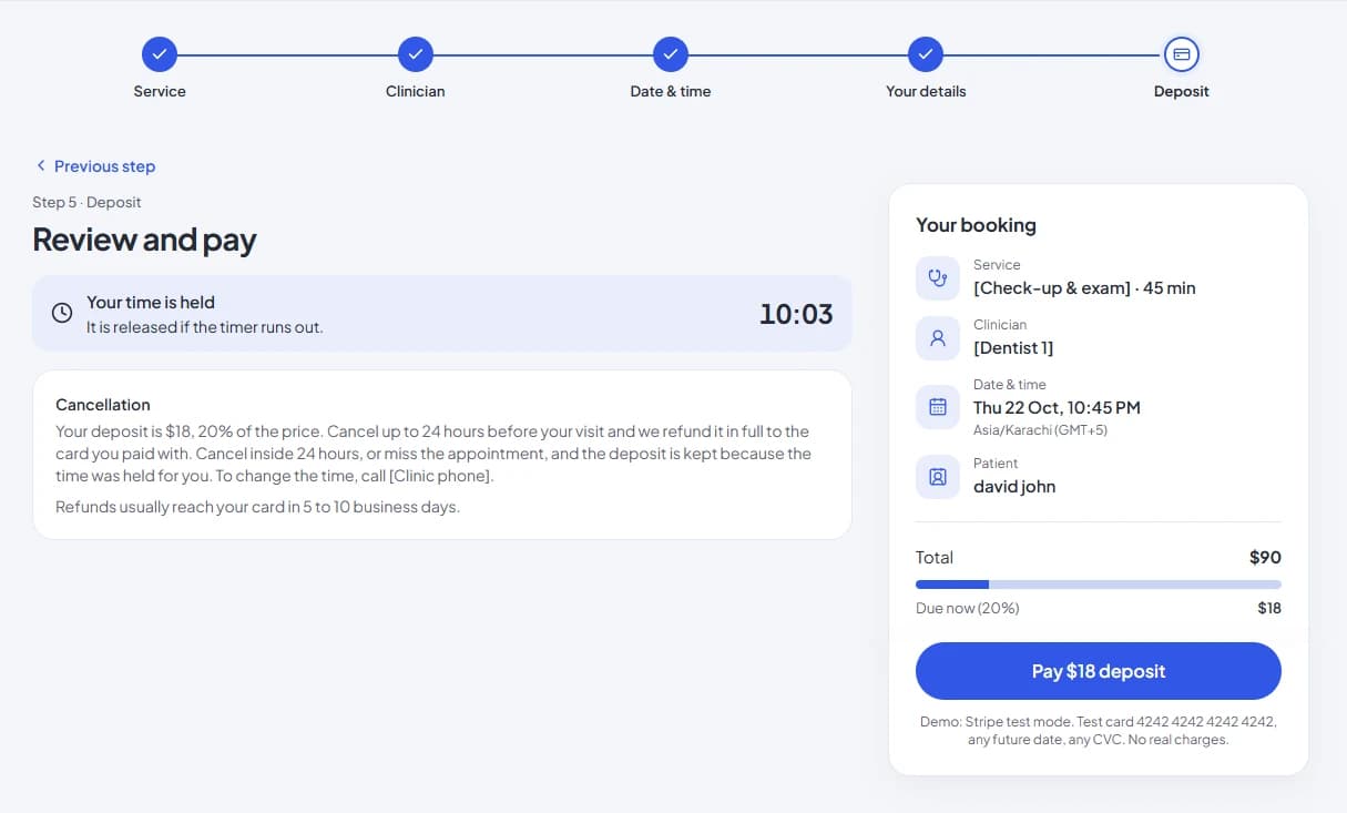 Booking step 5: review and pay, with a 10-minute hold timer, the cancellation policy and a Pay $18 deposit button