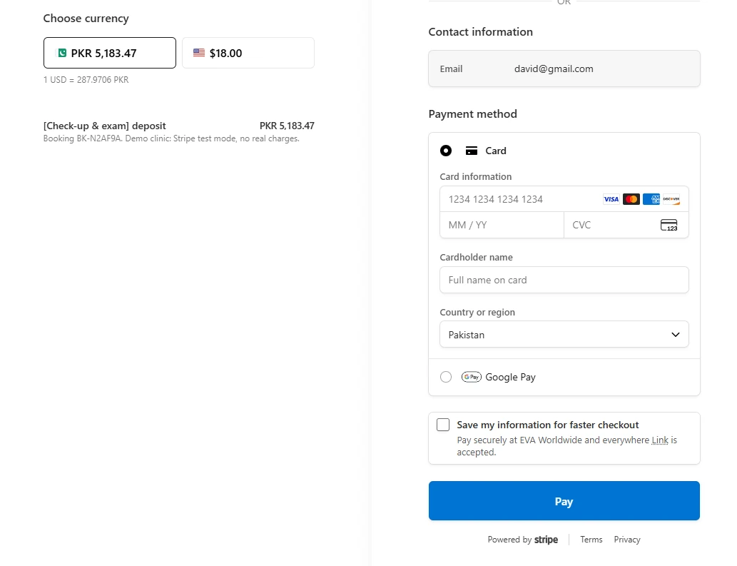 Stripe Checkout page for the deposit in test mode