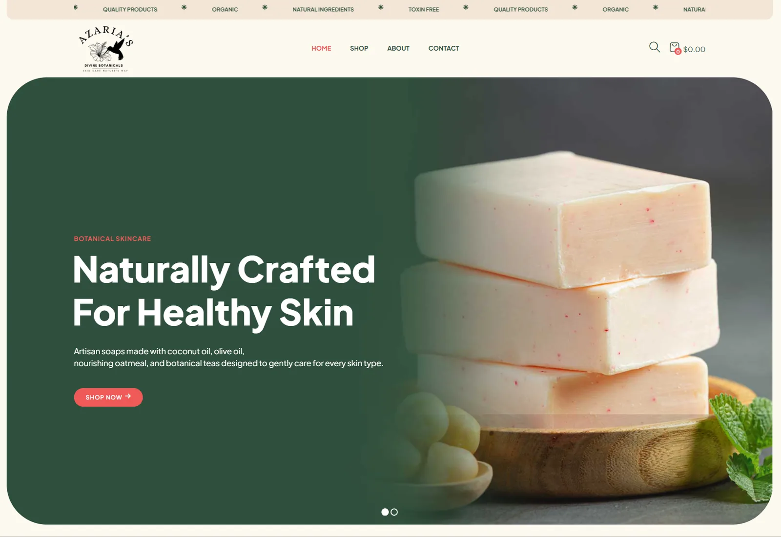 Azaria’s Divine Botanicals homepage with the headline Naturally Crafted For Healthy Skin