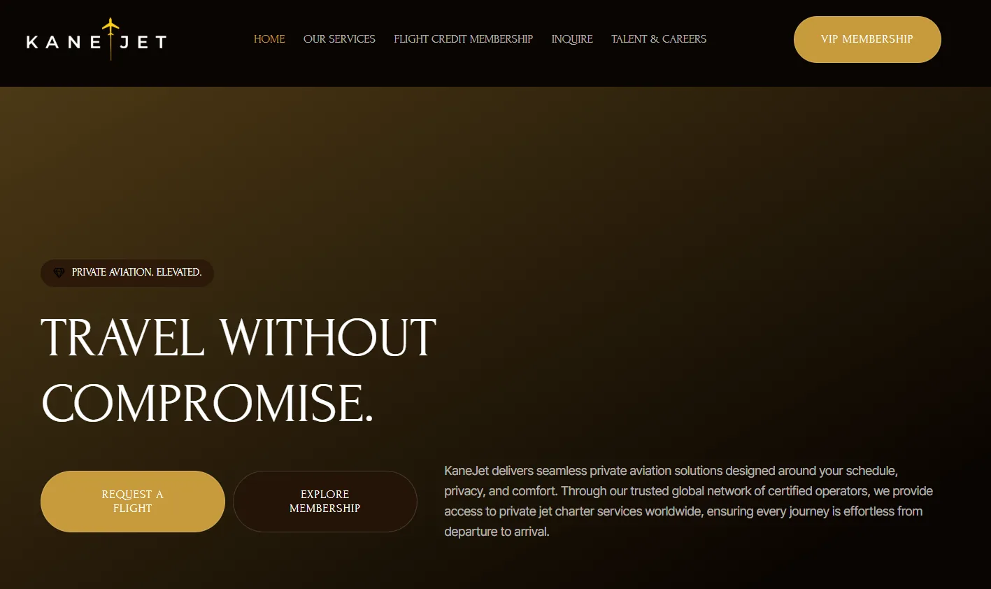 KaneJet homepage with the headline Travel Without Compromise
