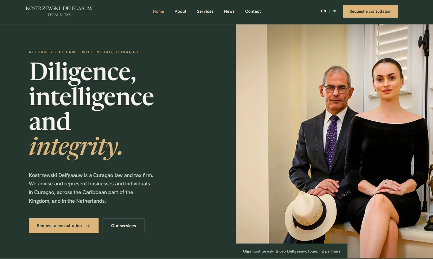 Kostrzewski Delfgaauw homepage with the headline Diligence, intelligence and integrity