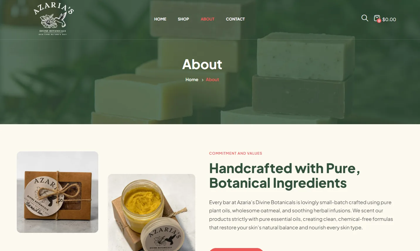 Azaria’s Divine Botanicals about page with the headline Handcrafted with Pure, Botanical Ingredients