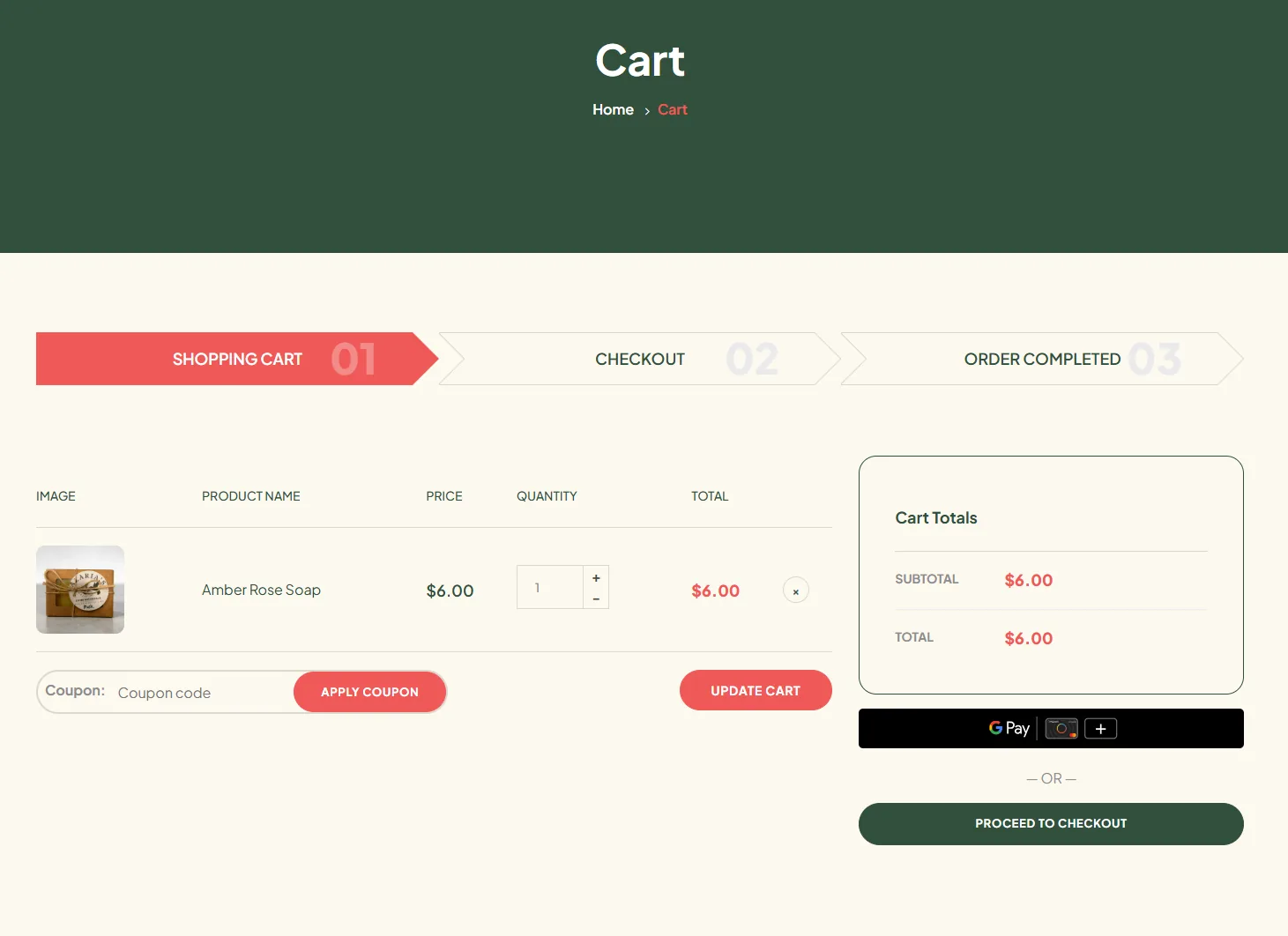 Azaria’s Divine Botanicals cart with a three-step progress bar, coupon field, Google Pay and Proceed to Checkout