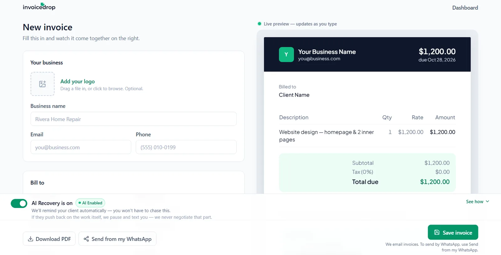 InvoiceDrop invoice builder with a form on the left and a live preview on the right