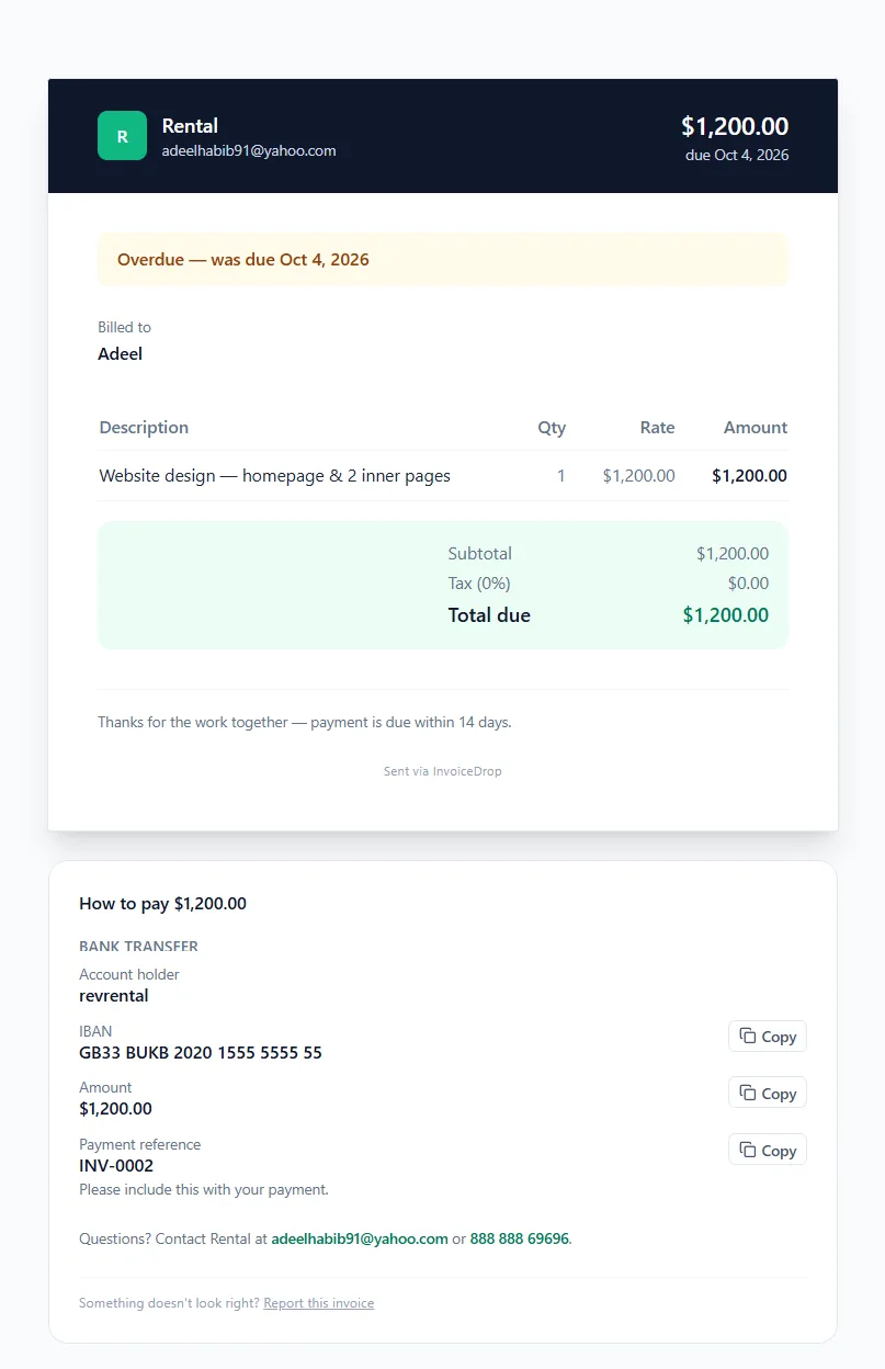 InvoiceDrop client payment page with the invoice, an overdue notice and bank transfer details