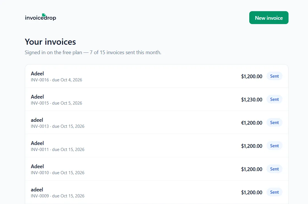 InvoiceDrop dashboard listing invoices with amounts and Sent status