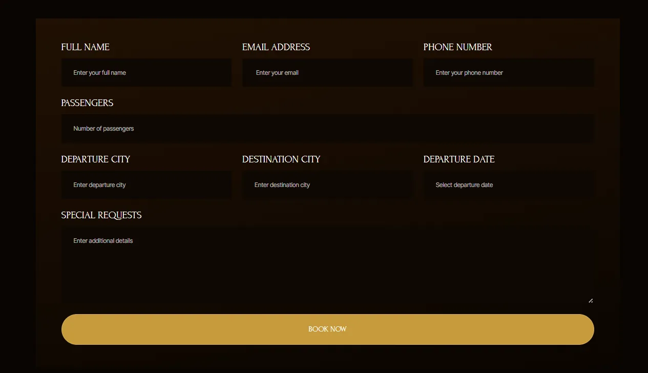 KaneJet flight request form with passengers, route, date and Book Now