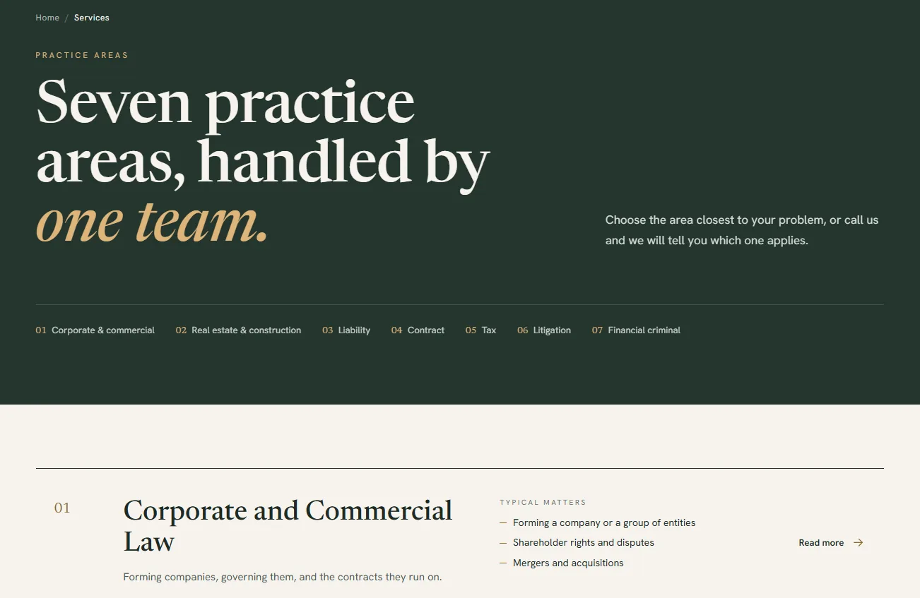 Kostrzewski Delfgaauw services page listing seven practice areas